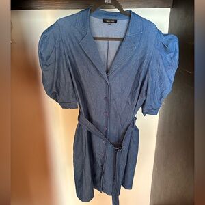 Buxom Curvy Blue Button-Up Dress with Belt—Stretch Denim, Fun Voluminous Sleeves